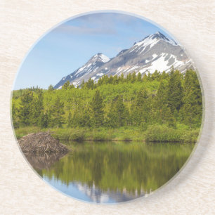 Bergspitzen spiegeln sich in einem Biberteich wide Sandstein Untersetzer