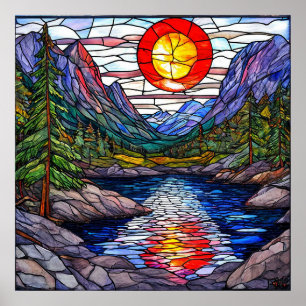 Bergszene mit See und Bäumen Poster