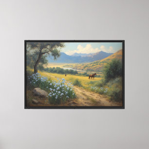 Bergtal mit Pferden und blauen Blumen Leinwanddruck