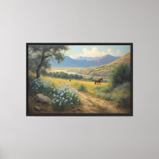 Bergtal mit Pferden und blauen Blumen Leinwanddruck