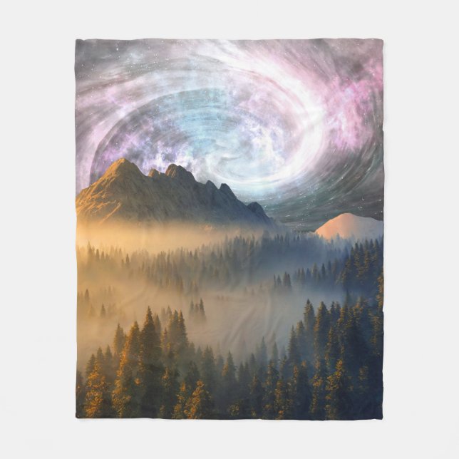 BERGWALD GALAXIE-STIL-HINTERGRUND BEI MORGENDÄMMER FLEECEDECKE (Vorderseite)