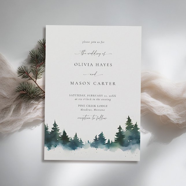 Bergwald im Freien Rustikale Moderne Hochzeit Einladung (mountains wedding invitation rustic outdoors forest pine scene watercolor elegant winter)
