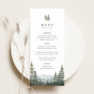 Bergwald-Kiefer-Hochzeitsempfang-Essen-Menü Menükarte