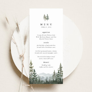 Bergwald-Kiefer-Hochzeitsempfang-Essen-Menü Menükarte