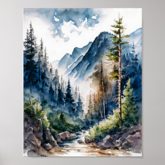 Bergwald Landschaft Wasserfarbe Poster