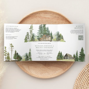 Bergwald Lodge Blockhütte QR Code Hochzeit Dreifach Gefaltete Einladung