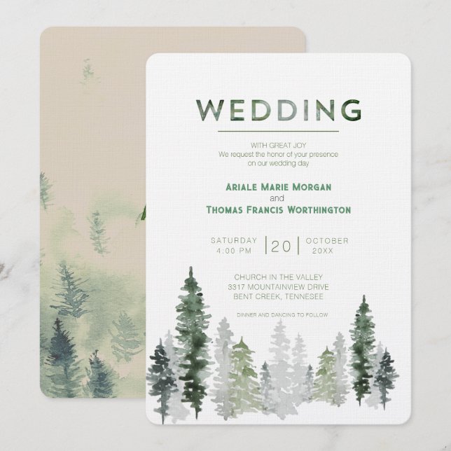 Bergwald Moderne Hochzeit Einladung (Vorne/Hinten)