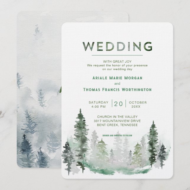 Bergwald Moderne Hochzeit Einladung (Vorne/Hinten)