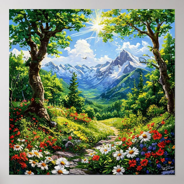 🌿 Bergwaldlandschaft mit Wildblumen Szene Poster (Vorne)