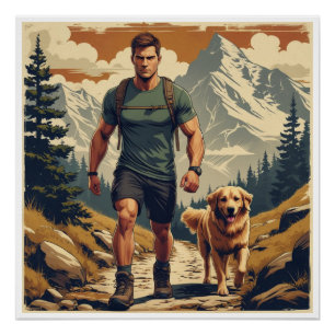 Bergwanderer- und Hunde-Abenteuer-Illustration Poster