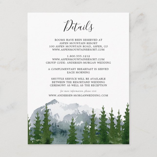 Bergwasserfarbe Rustikale Kiefernhochzeit Details Begleitkarte (Vorderseite)
