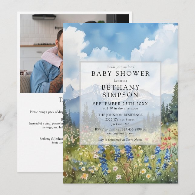 Bergwiesen-Blumen Foto QR-Code Baby Shower Einladung (Vorne/Hinten)