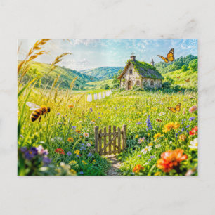 Bergwiesenhaus mit Blumen, Tor und Aber Postkarte