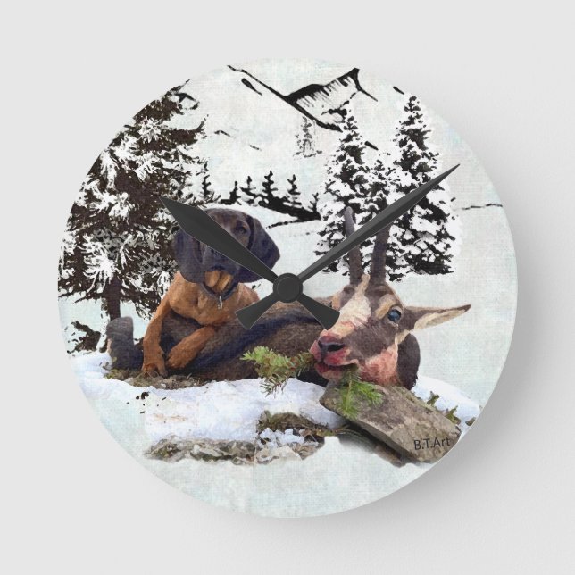 Bergziegenjagd Runde Wanduhr (Vorderseite)