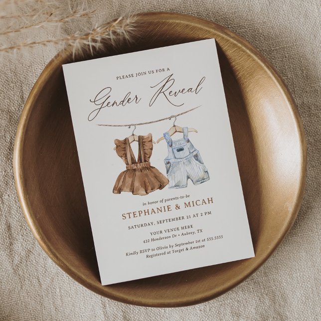 Bericht über Boho Watercolor Baby Clothes Gender Einladung (Von Creator hochgeladen)