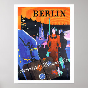 Berlin, Frau vor einem Hotel, Vintage, Reise Poster