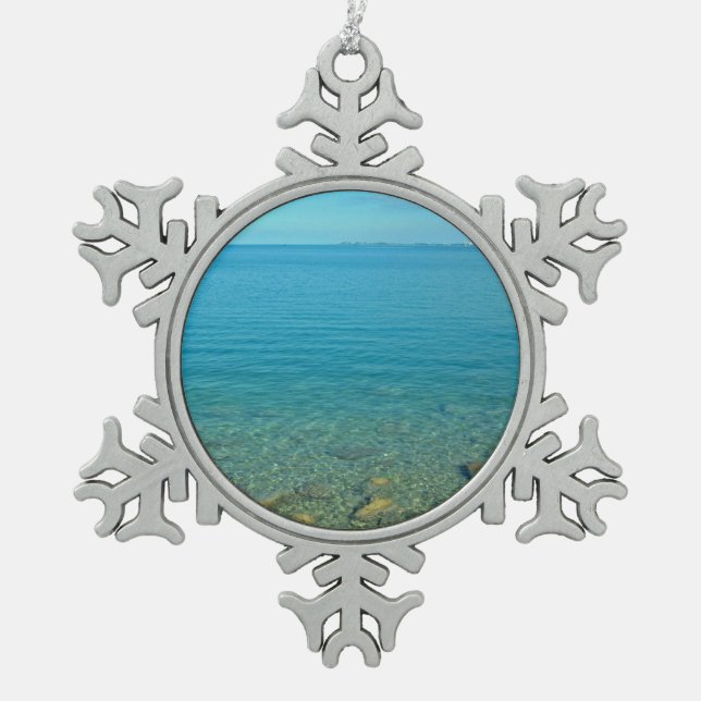 Bermuda Blue Green Waters Schneeflocken Zinn-Ornament (Vorderseite)