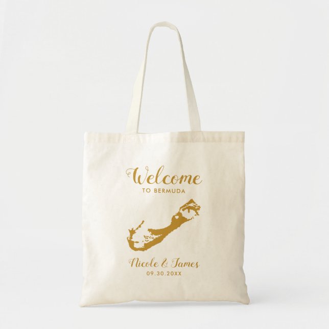 Bermuda Map Wedding Welcome Tote Bag in Gold Tragetasche (Vorne)