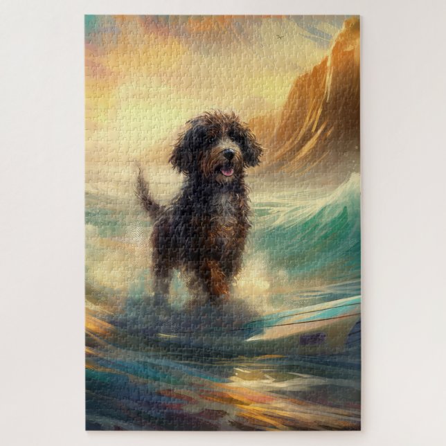 Bernedoodle Beach Surfen Malerei (Vertikal)