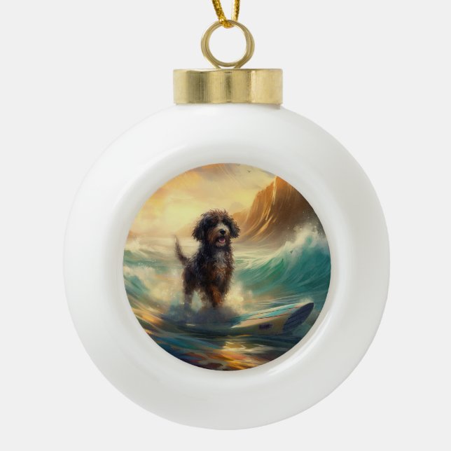 Bernedoodle Beach Surfen Malerei Keramik Kugel-Ornament (Vorderseite)