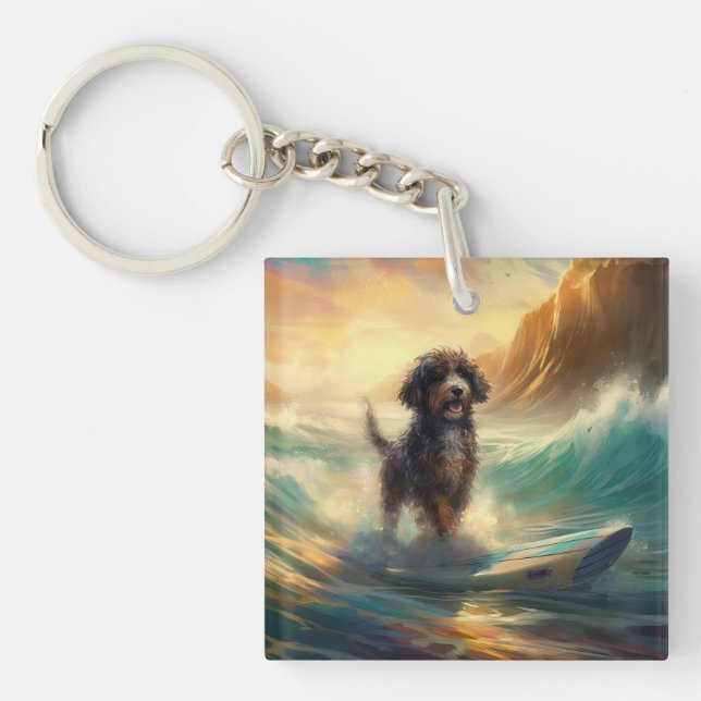 Bernedoodle Beach Surfen Malerei Schlüsselanhänger (Vorderseite)
