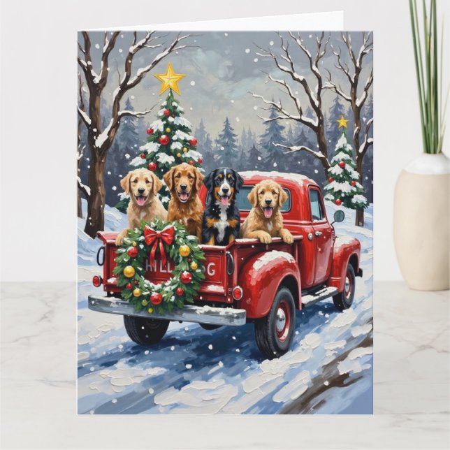 Bernedoodle Christmas Red Truck Holiday Karte (Vorderseite)