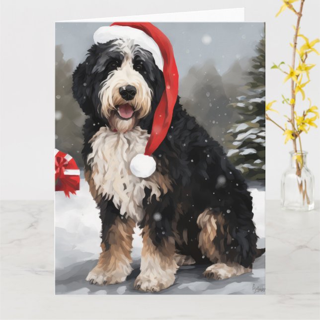 Bernedoodle Dog in Schnee Weihnachten Karte (Gelbe Blume)