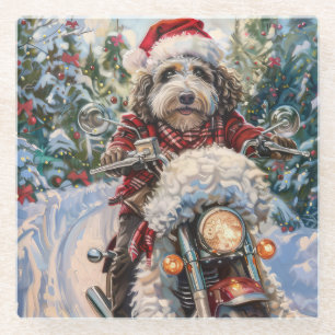 Bernedoodle Dog Riding Motorrad Weihnachten Glasuntersetzer
