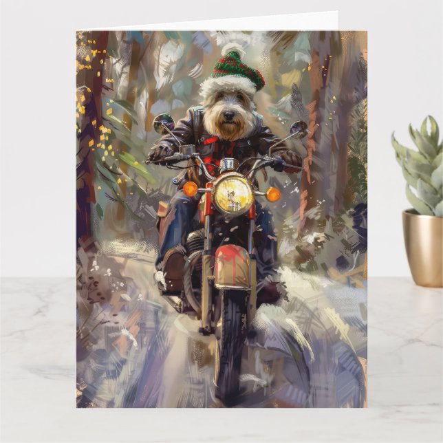 Bernedoodle Dog Riding Motorrad Weihnachten Karte (Kleine Pflanze)