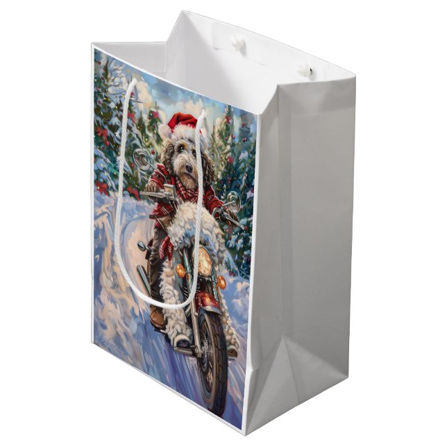 Bernedoodle Dog Riding Motorrad Weihnachten Mittlere Geschenktüte (Vorderseite Schrägansicht)