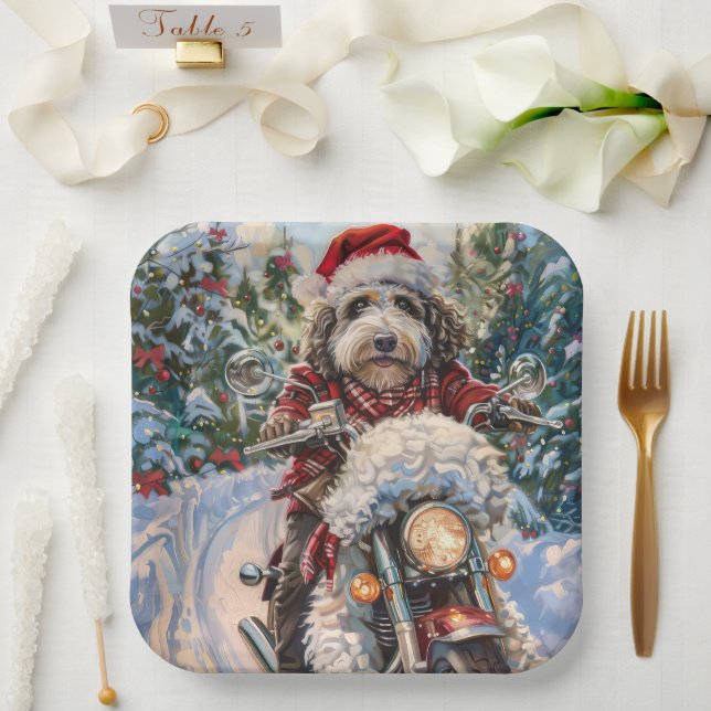 Bernedoodle Dog Riding Motorrad Weihnachten Pappteller (Hochzeit)