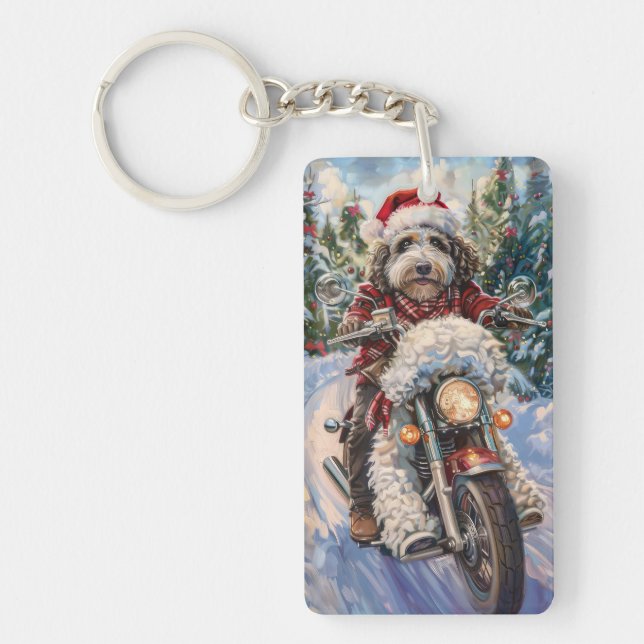 Bernedoodle Dog Riding Motorrad Weihnachten Schlüsselanhänger (Vorderseite)