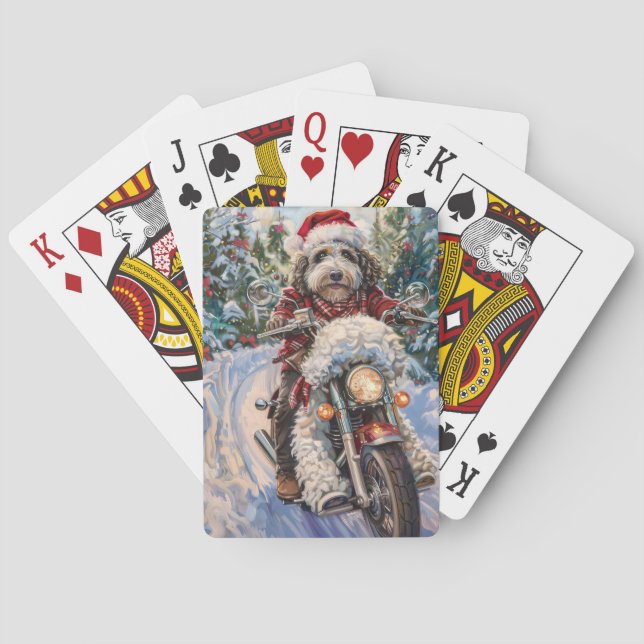Bernedoodle Dog Riding Motorrad Weihnachten Spielkarten (Rückseite)