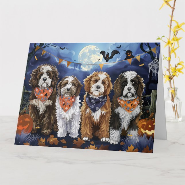 Bernedoodle Halloween Spooky Karte (Gelbe Blume)