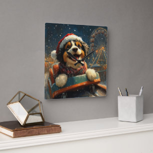 Bernedoodle-Hund Achterbahn Weihnachten  Quadratische Wanduhr