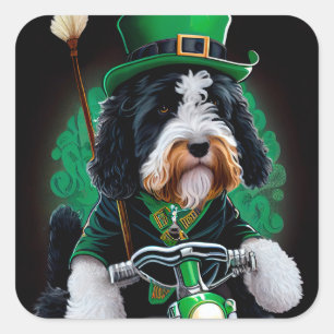 Bernedoodle Hund Fahrrad St. Patrick's Day Quadratischer Aufkleber