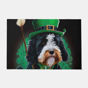 Bernedoodle Hund fährt Fahrrad am St. Patrick's Da Fußmatte