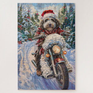 Bernedoodle Hund fährt Motorrad Weihnachten
