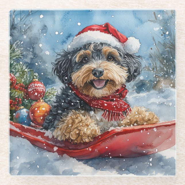 Bernedoodle Hund in Sledge Let it Schnee Weihnacht Glasuntersetzer (Vorderseite)