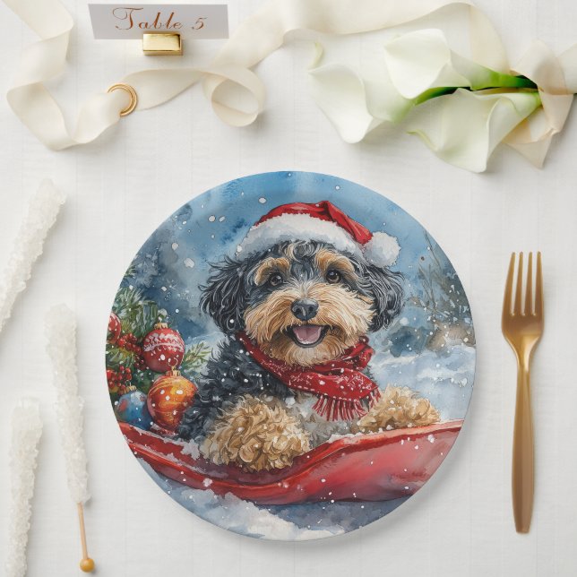 Bernedoodle Hund in Sledge Let it Schnee Weihnacht Pappteller (Hochzeit)