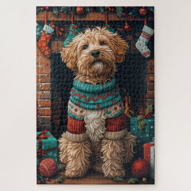 Bernedoodle Hund mit Weihnachtsgeschenken Feuerpla (Vertikal)