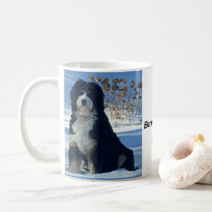Bernedoodle Hund Schnee Berg blauer Himmel Foto Na Kaffeetasse