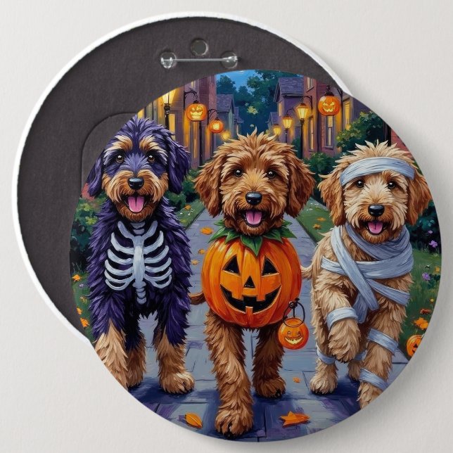 Bernedoodle Hunde Trick-or-Treating in Halloween C Button (Vorne & Hinten)