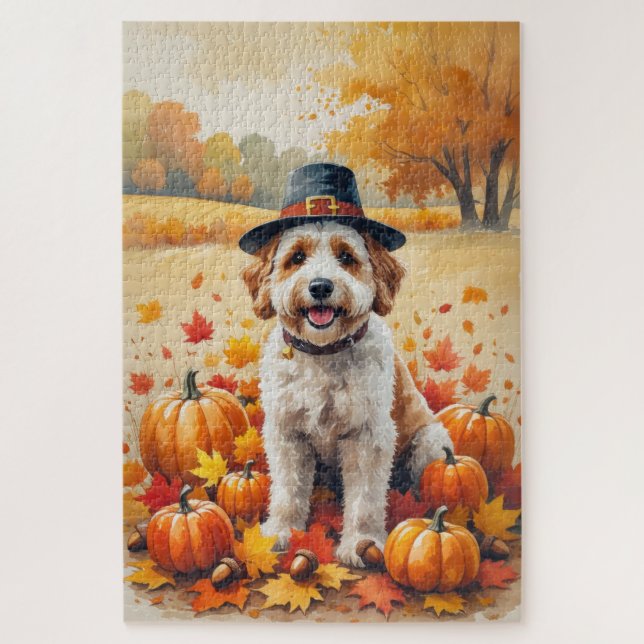 Bernedoodle im Herbst lässt Erntedank Art (Vertikal)