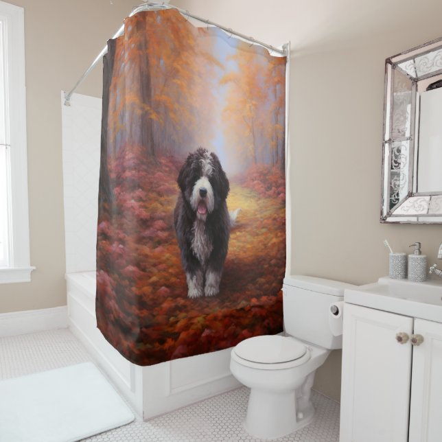 Bernedoodle im Herbst Leaves Fall Inspiriert Duschvorhang (Beispiel)