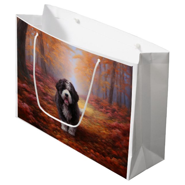 Bernedoodle im Herbst Leaves Fall Inspiriert Große Geschenktüte (Vorderseite Schrägansicht)