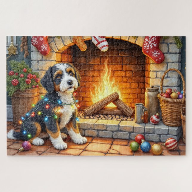 Bernedoodle Kamin mit Weihnachtslichtern (Horizontal)