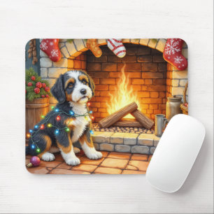 Bernedoodle Kamin mit Weihnachtslichtern Mousepad