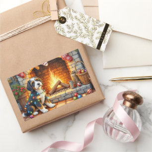 Bernedoodle Kamin mit Weihnachtslichtern Rechteckiger Aufkleber