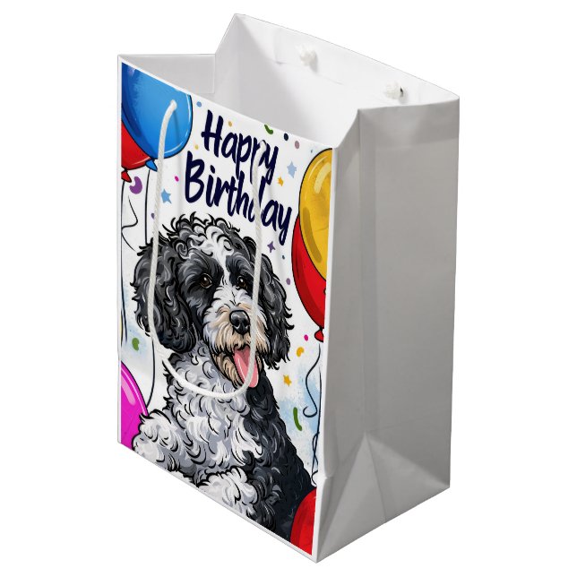 Bernedoodle mit Balloons Mittlere Geschenktüte (Vorderseite Schrägansicht)